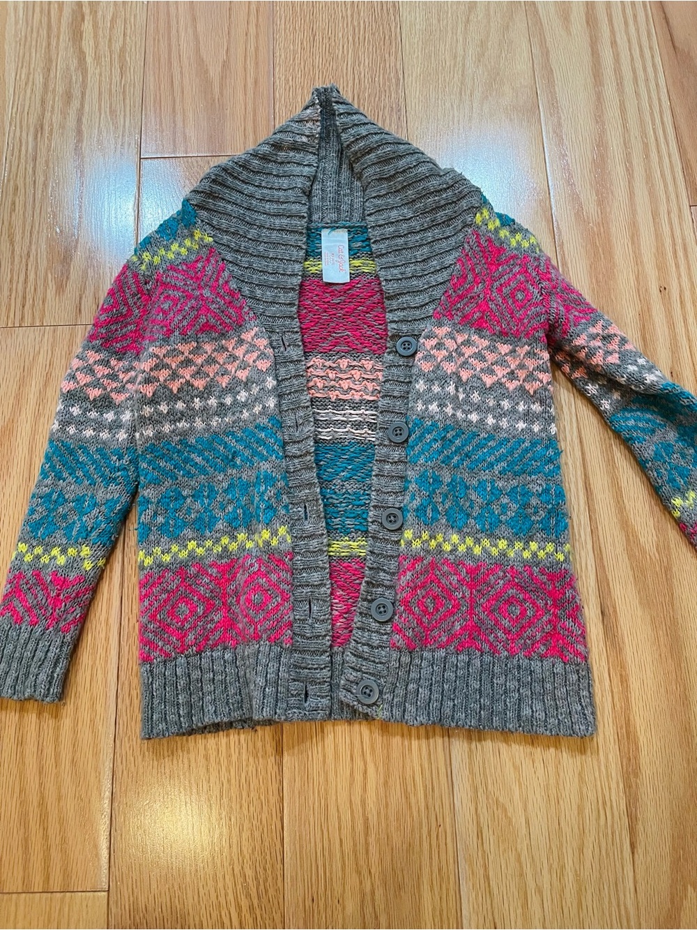 Cat & Jack Gray Cardigan with Pink, Teal & Yellow Fair Isle Accents